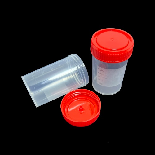 [PFB0010502] Lọ mẫu nước tiểu nhựa PP 60ml, nắp đỏ, có nhãn, tiệt trùng